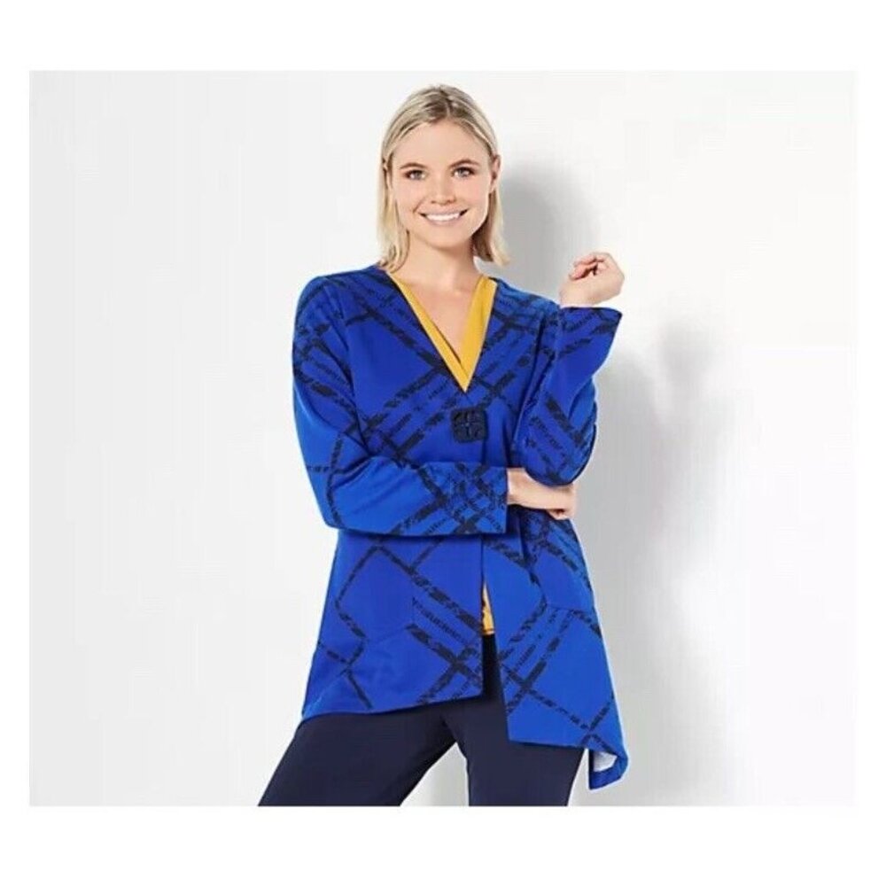 Truth Style Printed Knit Asymmetrical Button Cardigan Size S Cobalt Plaid A46110